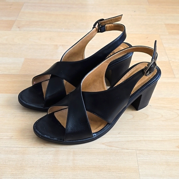 Women Black Leather Peep Toe Block Heels Pumps Size 6 - Picture 4 of 11